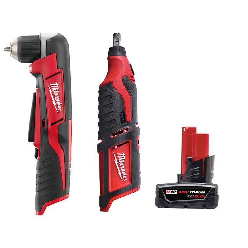 Broca angular derecha inalámbrica de 3/8 pulgadas Milwaukee M12 de 12 V de iones de litio con herramienta rotativa M12 y paquete de batería XC de 6.0 Ah - 2415-20-2460-20-48-11-2460