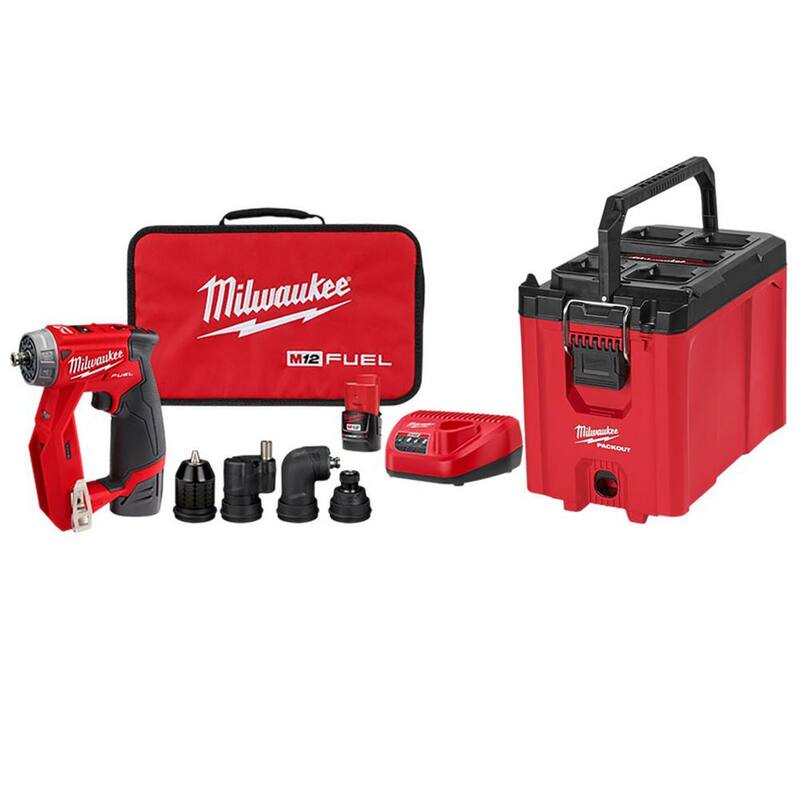 Milwaukee M12 FUEL 12V Lithium-Ion Inalámbrico sin escobillas 4-en-1 Kit de Destornillador de Broca de 3/8 pulgadas e Instalación - 4 cabezales de herramientas con PACKOUT - 2505-22-PO