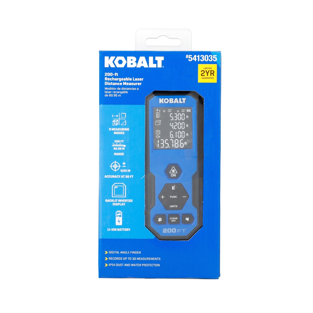 Medidor de distancia láser rojo Kobalt de 200 pies para interiores con pantalla retroiluminada 54348