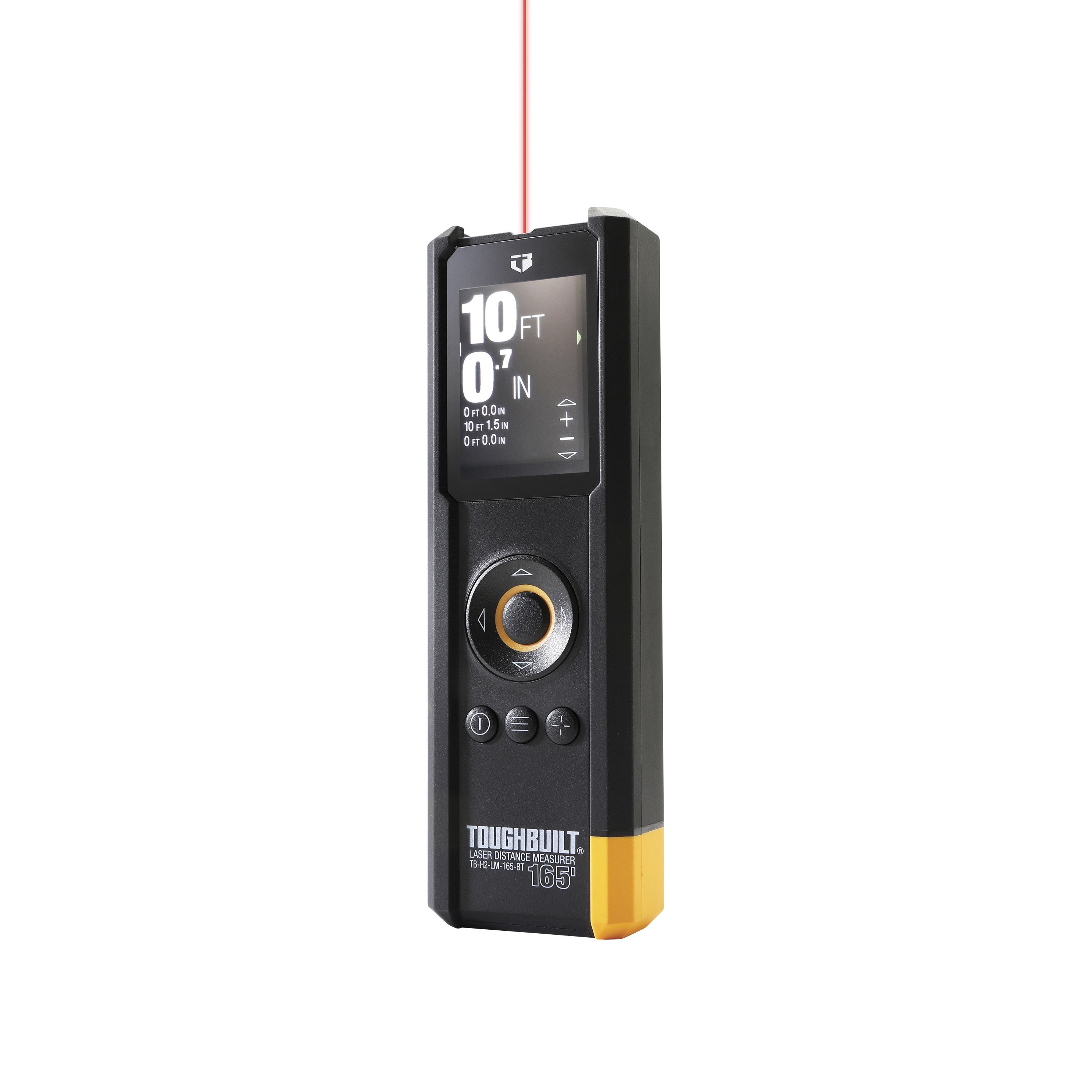 Medidor de distancia láser rojo TOUGHBUILT de 165 pies para uso en interiores y exteriores con pantalla retroiluminada y compatibilidad Bluetooth TB-H2-LM-165-BT
