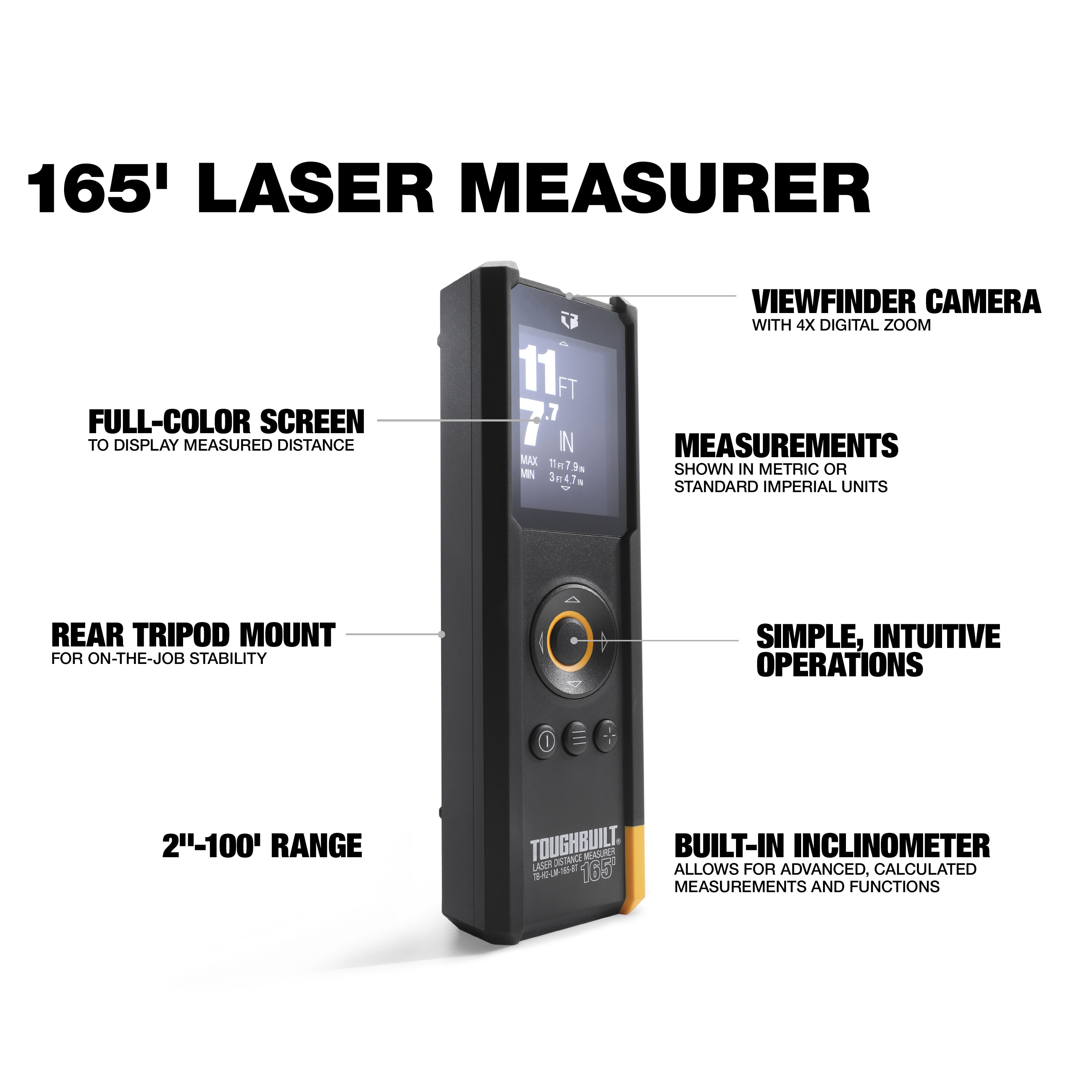 Medidor de distancia láser rojo TOUGHBUILT de 165 pies para uso en interiores y exteriores con pantalla retroiluminada y compatibilidad Bluetooth TB-H2-LM-165-BT
