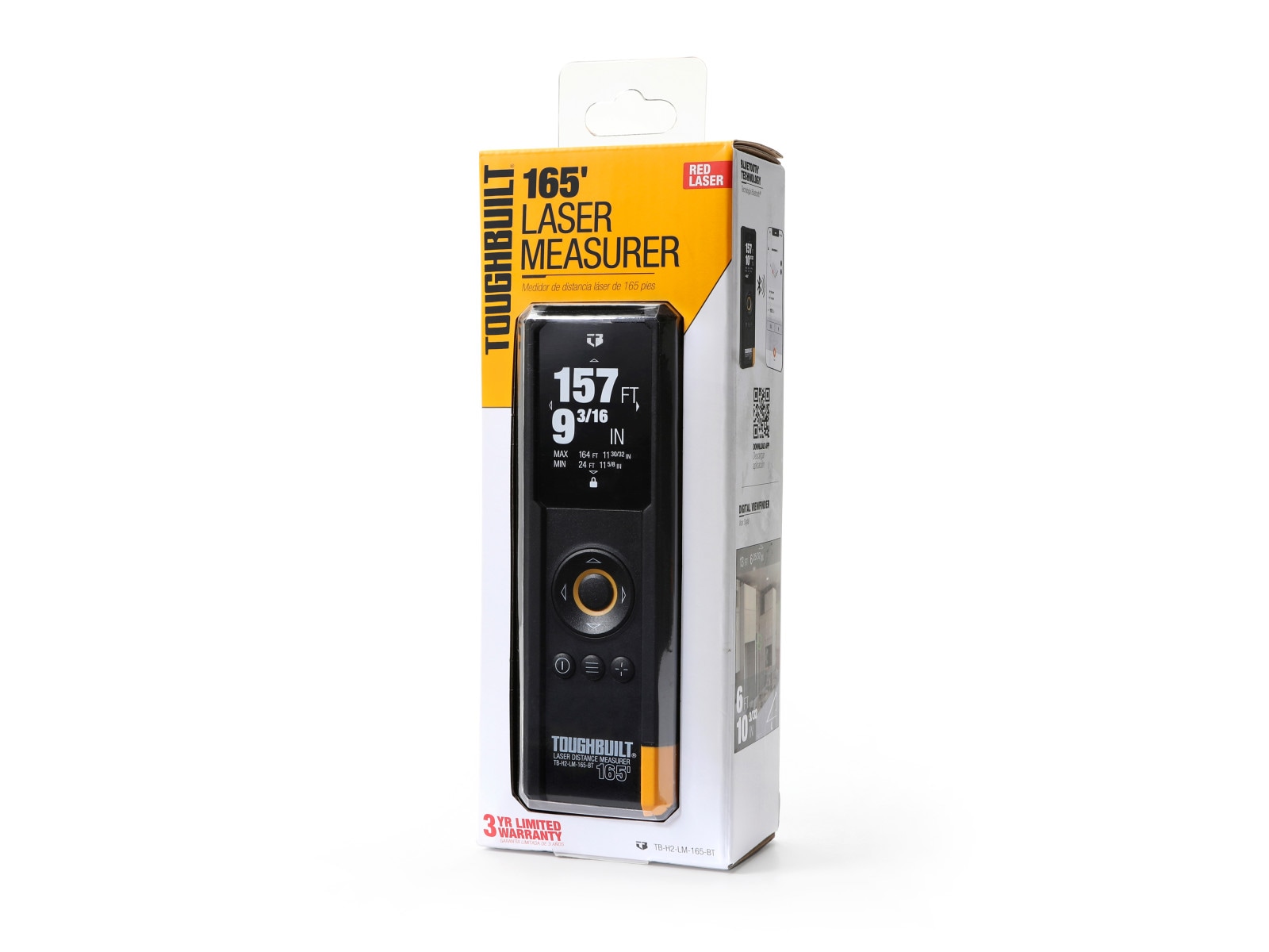 Medidor de distancia láser rojo TOUGHBUILT de 165 pies para uso en interiores y exteriores con pantalla retroiluminada y compatibilidad Bluetooth TB-H2-LM-165-BT