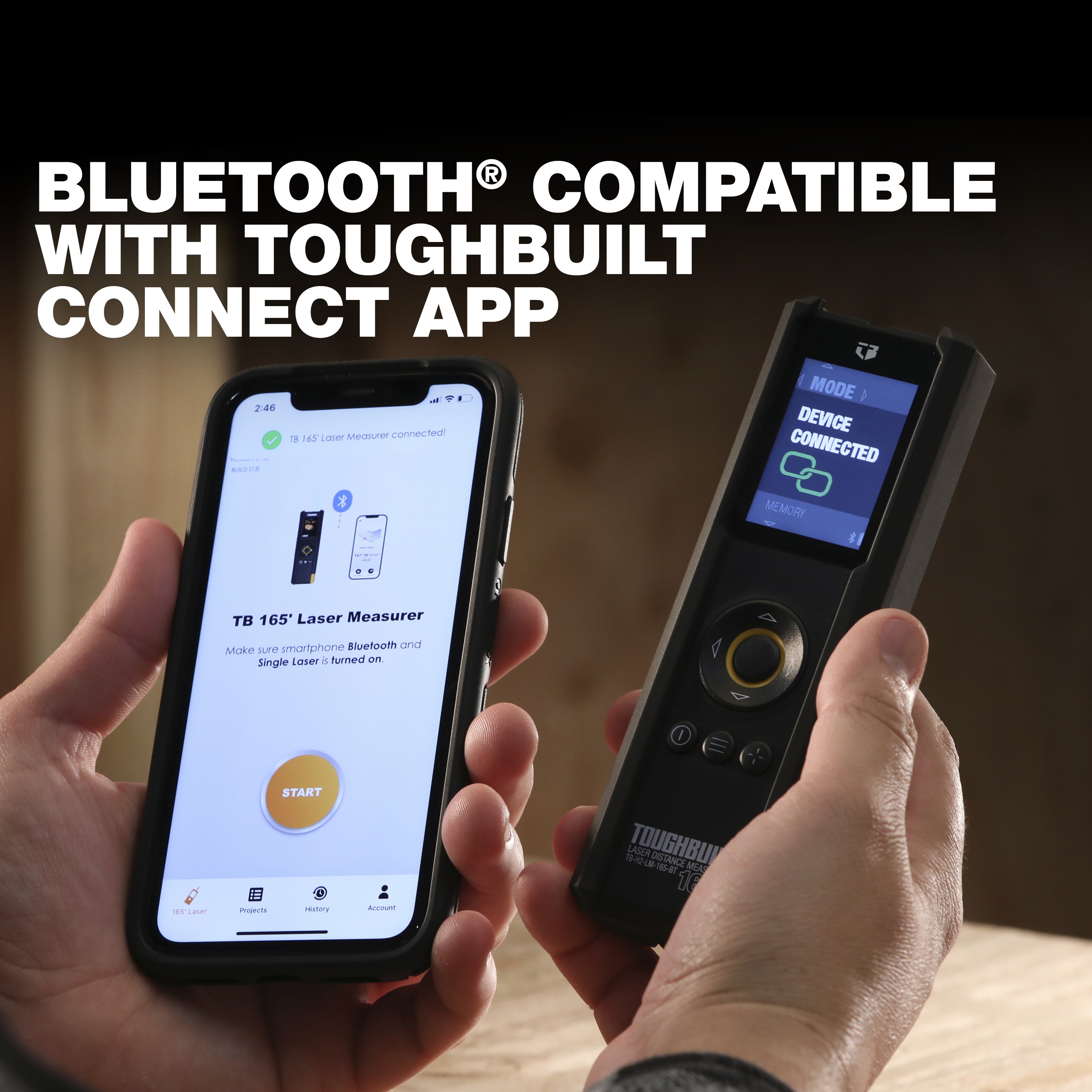 Medidor de distancia láser rojo TOUGHBUILT de 165 pies para uso en interiores y exteriores con pantalla retroiluminada y compatibilidad Bluetooth TB-H2-LM-165-BT