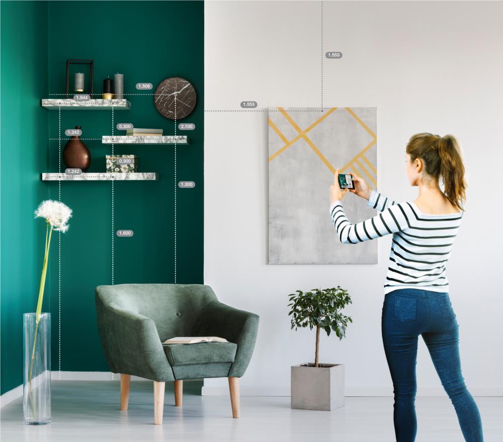 Medidor de distancia láser verde para interiores Plott Cubit de 65 pies con pantalla retroiluminada y compatibilidad Bluetooth 906231