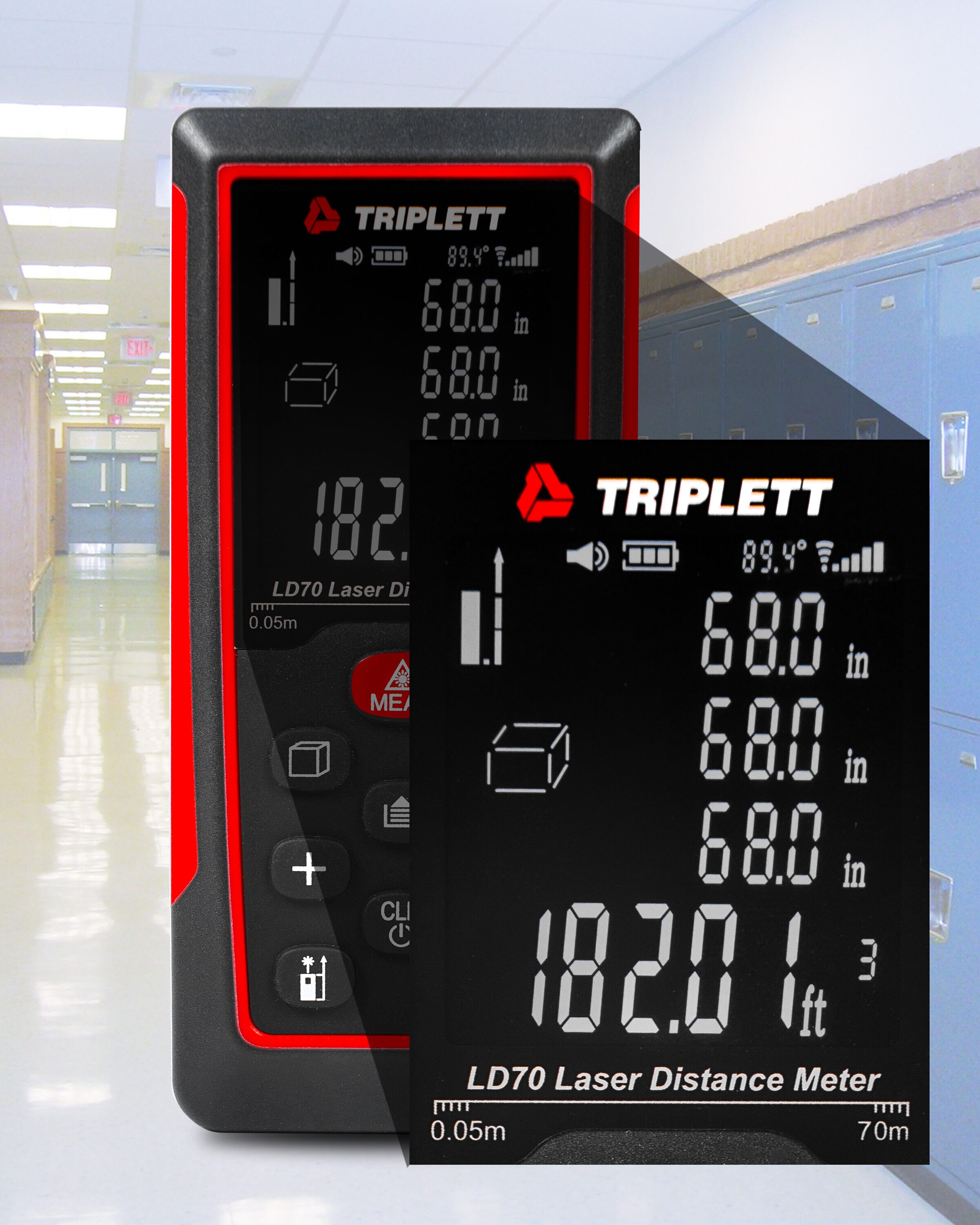 Medidor de distancia láser rojo para interiores/exteriores TRIPLETT de 230 pies con pantalla retroiluminada LD70