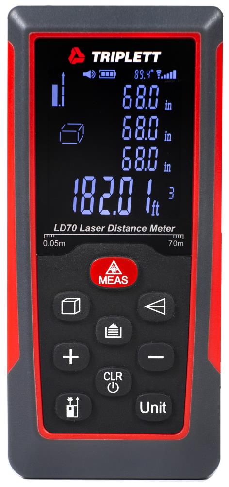 Medidor de distancia láser rojo para interiores/exteriores TRIPLETT de 230 pies con pantalla retroiluminada LD70