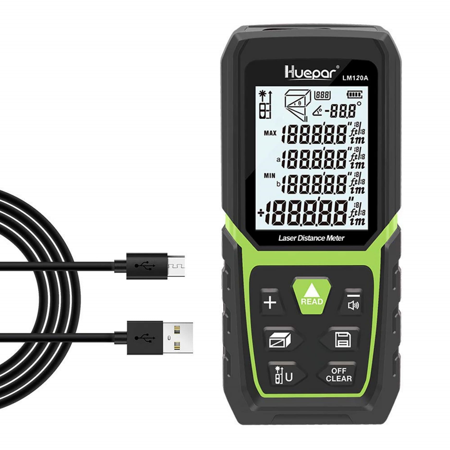 Medidor de distancia láser rojo para interiores Huepar LM120A de 393 pies con pantalla retroiluminada LM120A