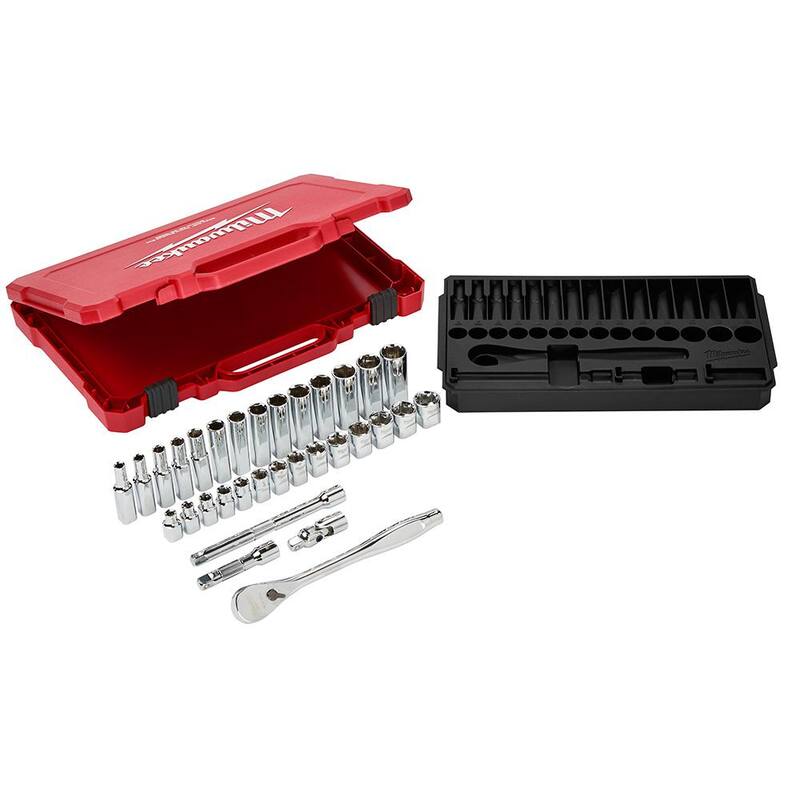 Juego de Herramientas Mecánicas Milwaukee de 3/8 pulg. Métrica con Trinquete y Juego de Dados con Trinquete Extendido de 12 pulg. de 3/8 pulg. (33 piezas) - 48-22-9508-48-22-9037.