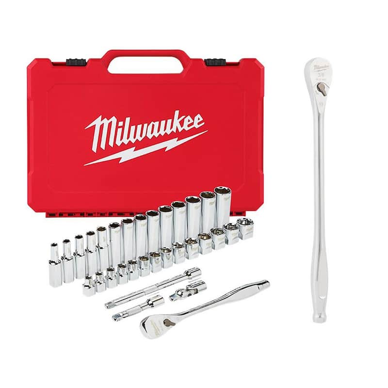Juego de Herramientas Mecánicas Milwaukee de 3/8 pulg. Métrica con Trinquete y Juego de Dados con Trinquete Extendido de 12 pulg. de 3/8 pulg. (33 piezas) - 48-22-9508-48-22-9037.