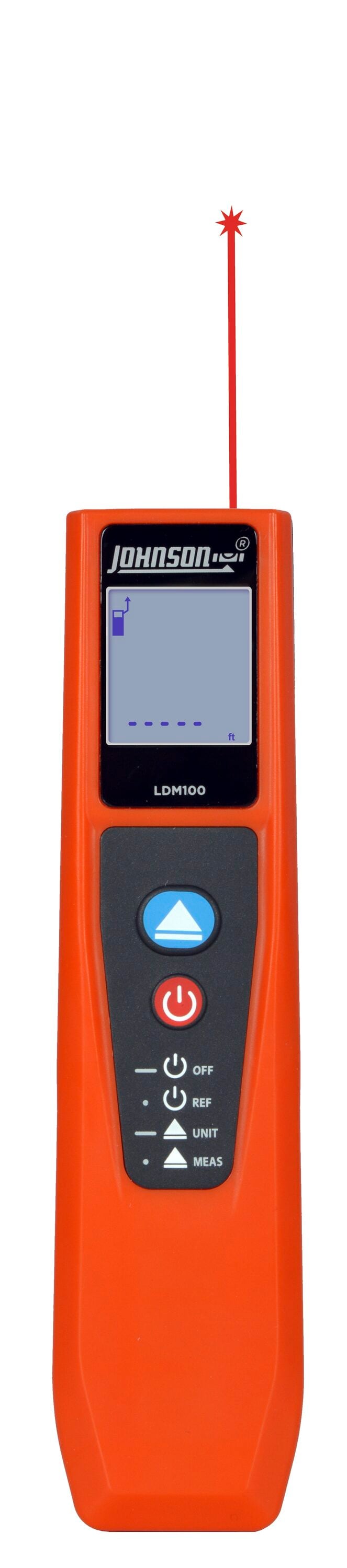 Medidor de distancia láser Johnson Level de 100.0 pies con luz roja para interiores y exteriores y pantalla retroiluminada LDM100