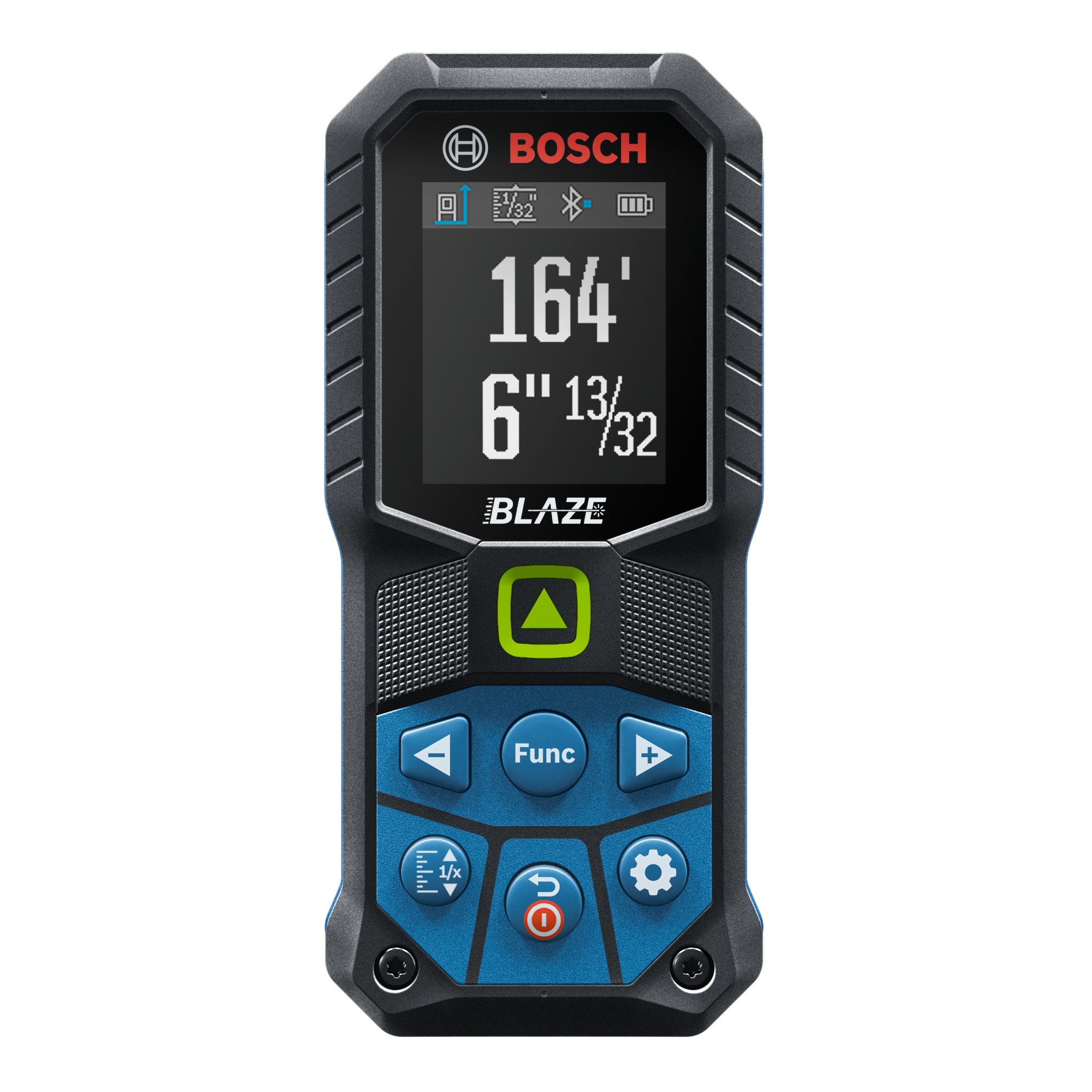 Medidor de distancia láser Bosch Blaze GLM165-27CGL de 165 pies para interiores con pantalla retroiluminada y compatibilidad Bluetooth GLM165-27CGL en verde.