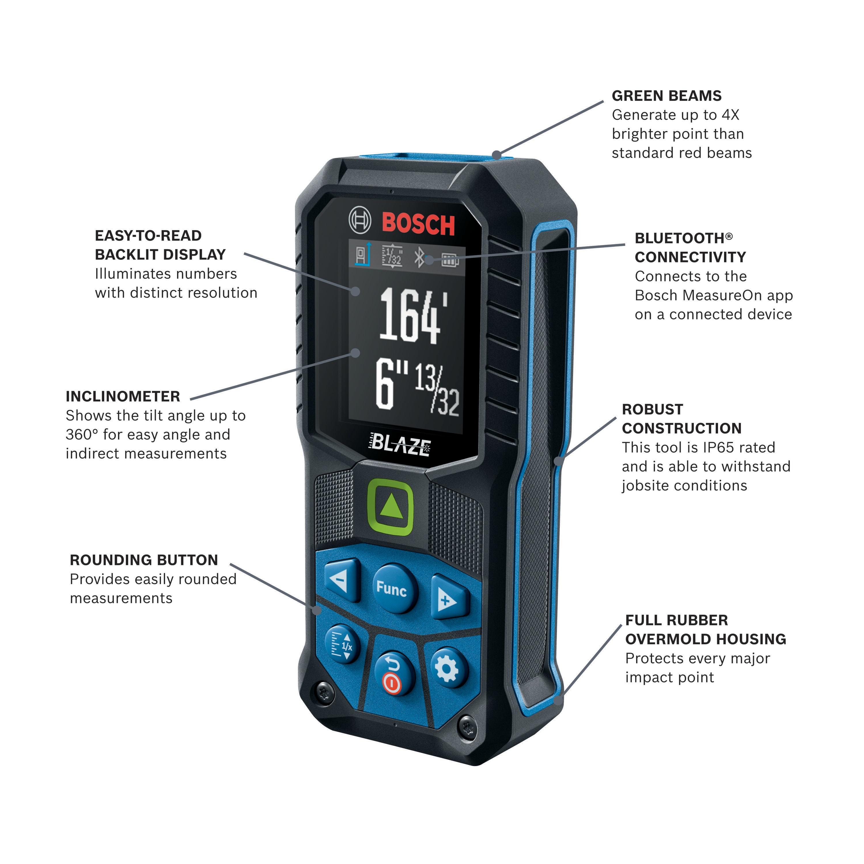 Medidor de distancia láser Bosch Blaze GLM165-27CGL de 165 pies para interiores con pantalla retroiluminada y compatibilidad Bluetooth GLM165-27CGL en verde.