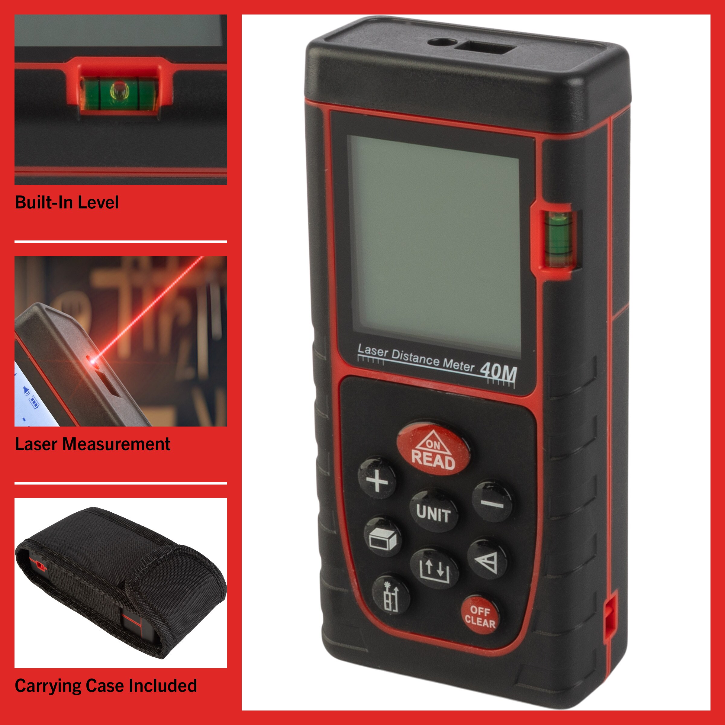 Medidor de distancia láser rojo para interiores/exteriores Stalwart de 130 pies con pantalla retroiluminada 75-PT2009