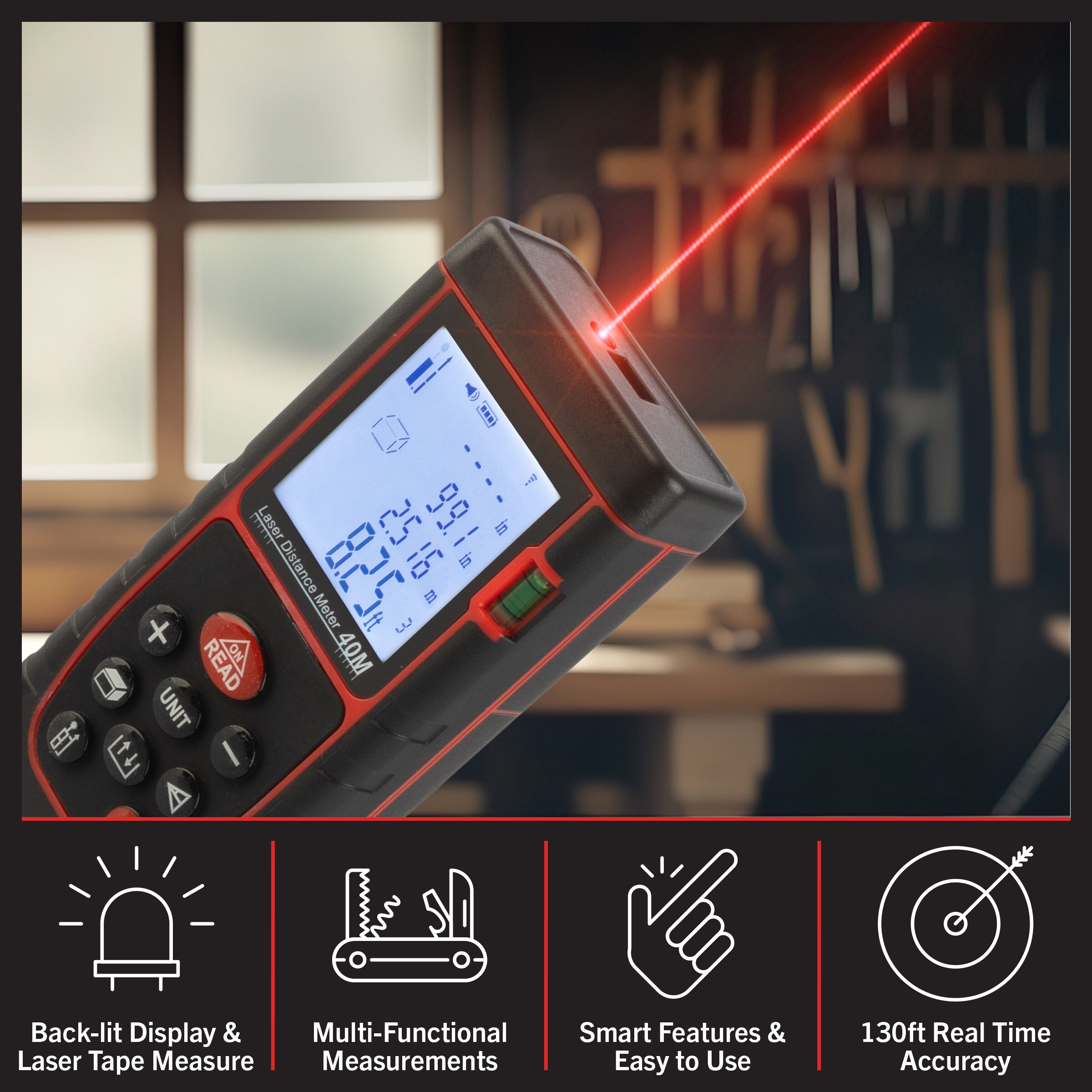 Medidor de distancia láser rojo para interiores/exteriores Stalwart de 130 pies con pantalla retroiluminada 75-PT2009