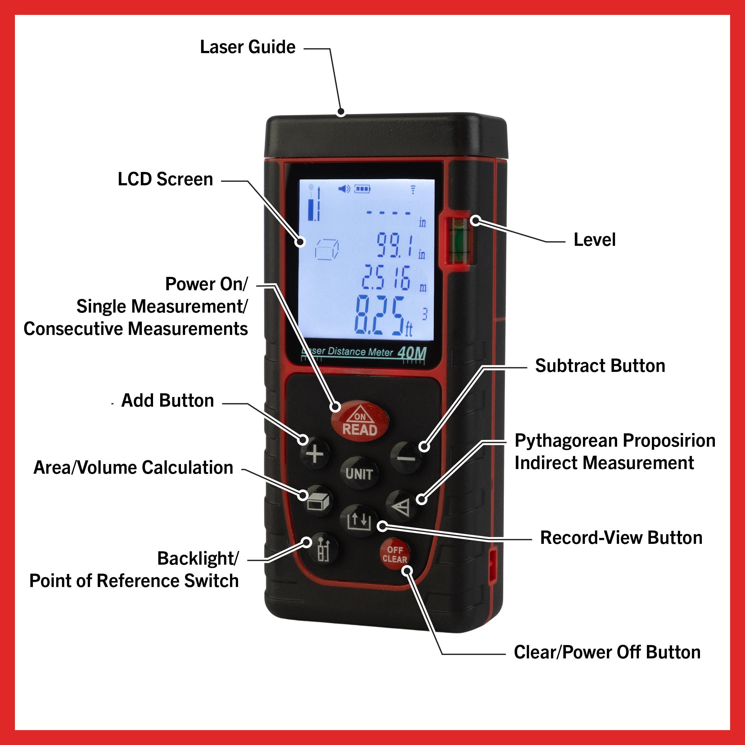 Medidor de distancia láser rojo para interiores/exteriores Stalwart de 130 pies con pantalla retroiluminada 75-PT2009