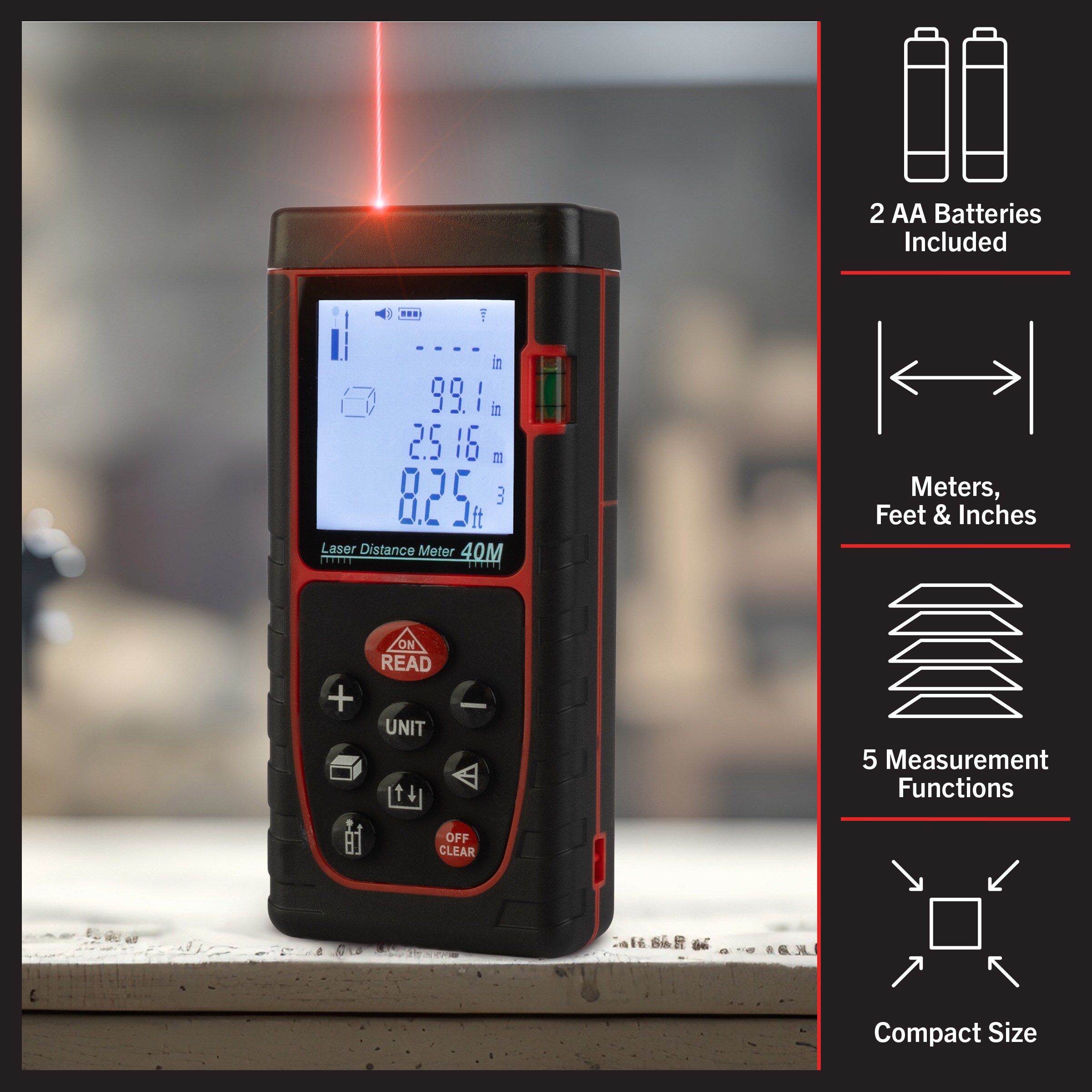 Medidor de distancia láser rojo para interiores/exteriores Stalwart de 130 pies con pantalla retroiluminada 75-PT2009