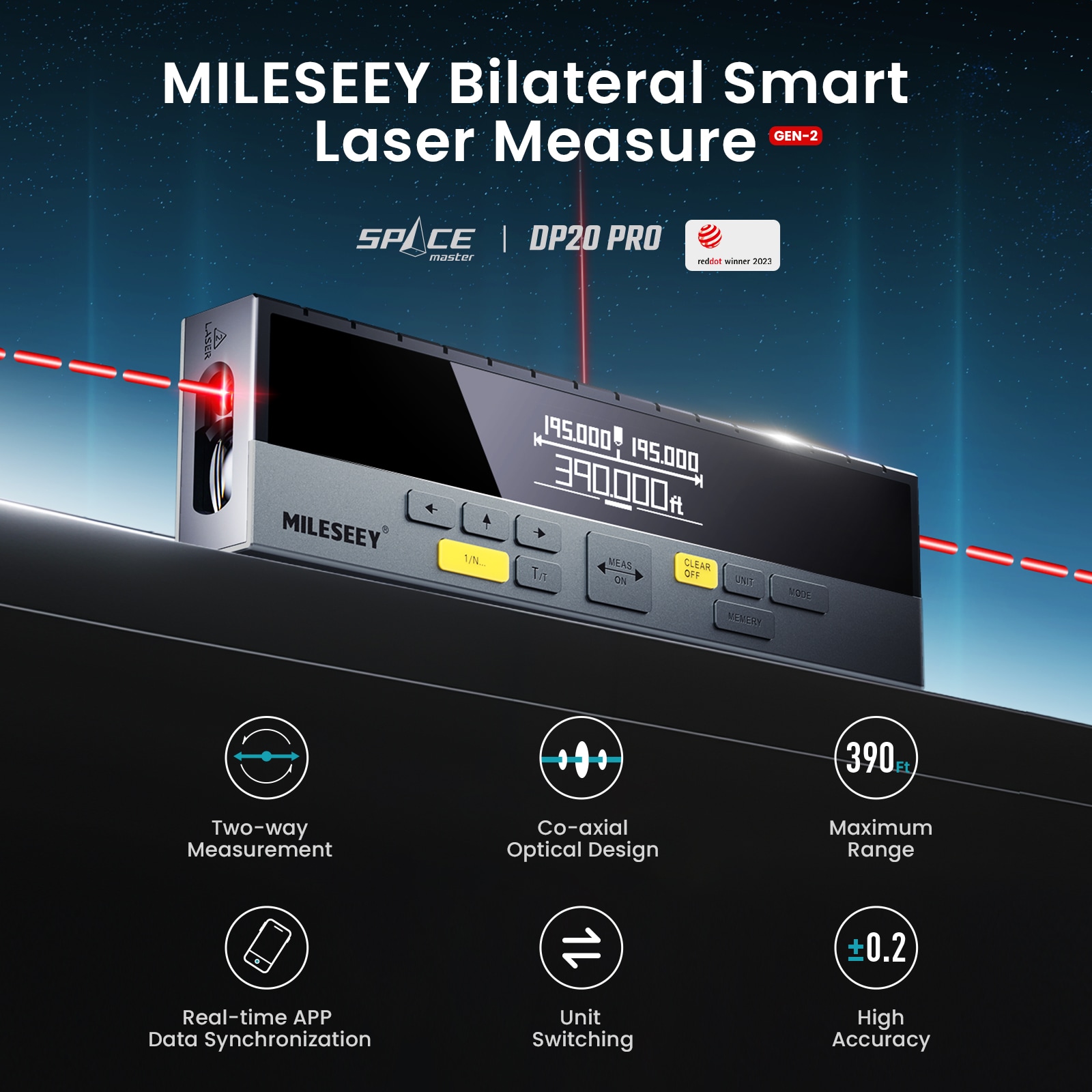 Medidor de distancia láser MILESEEY DP20 PRO 2 vías con rayo central, sincronización de app en tiempo real, alcance de 390 pies para interiores/exteriores, pantalla retroiluminada y compatibilidad con Bluetooth DP20.