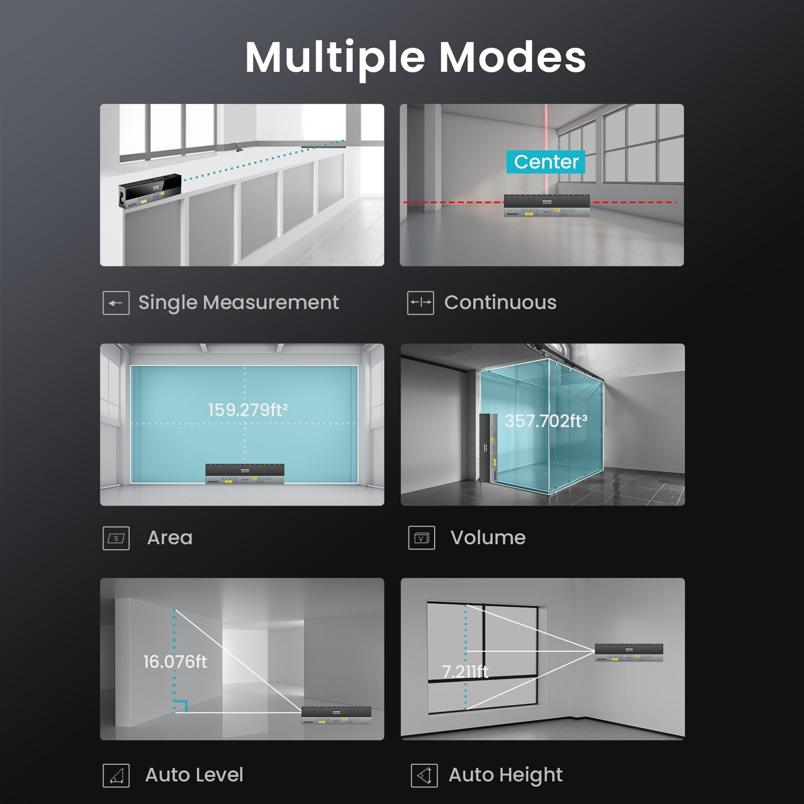 Medidor de distancia láser MILESEEY DP20 PRO 2 vías con rayo central, sincronización de app en tiempo real, alcance de 390 pies para interiores/exteriores, pantalla retroiluminada y compatibilidad con Bluetooth DP20.