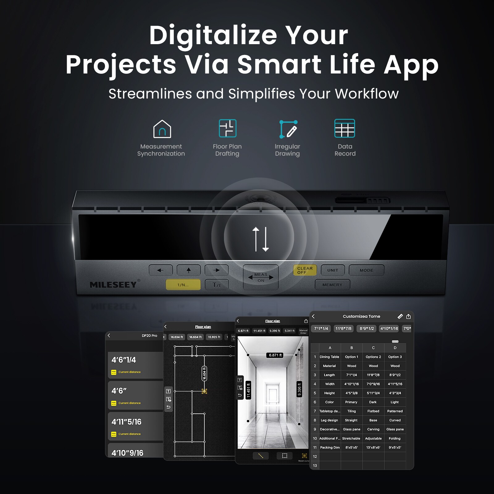 Medidor de distancia láser MILESEEY DP20 PRO 2 vías con rayo central, sincronización de app en tiempo real, alcance de 390 pies para interiores/exteriores, pantalla retroiluminada y compatibilidad con Bluetooth DP20.