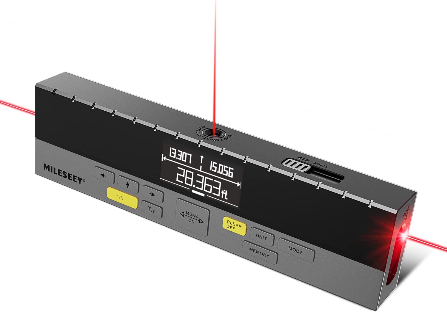 Medidor de distancia láser MILESEEY DP20 PRO 2 vías con rayo central, sincronización de app en tiempo real, alcance de 390 pies para interiores/exteriores, pantalla retroiluminada y compatibilidad con Bluetooth DP20.