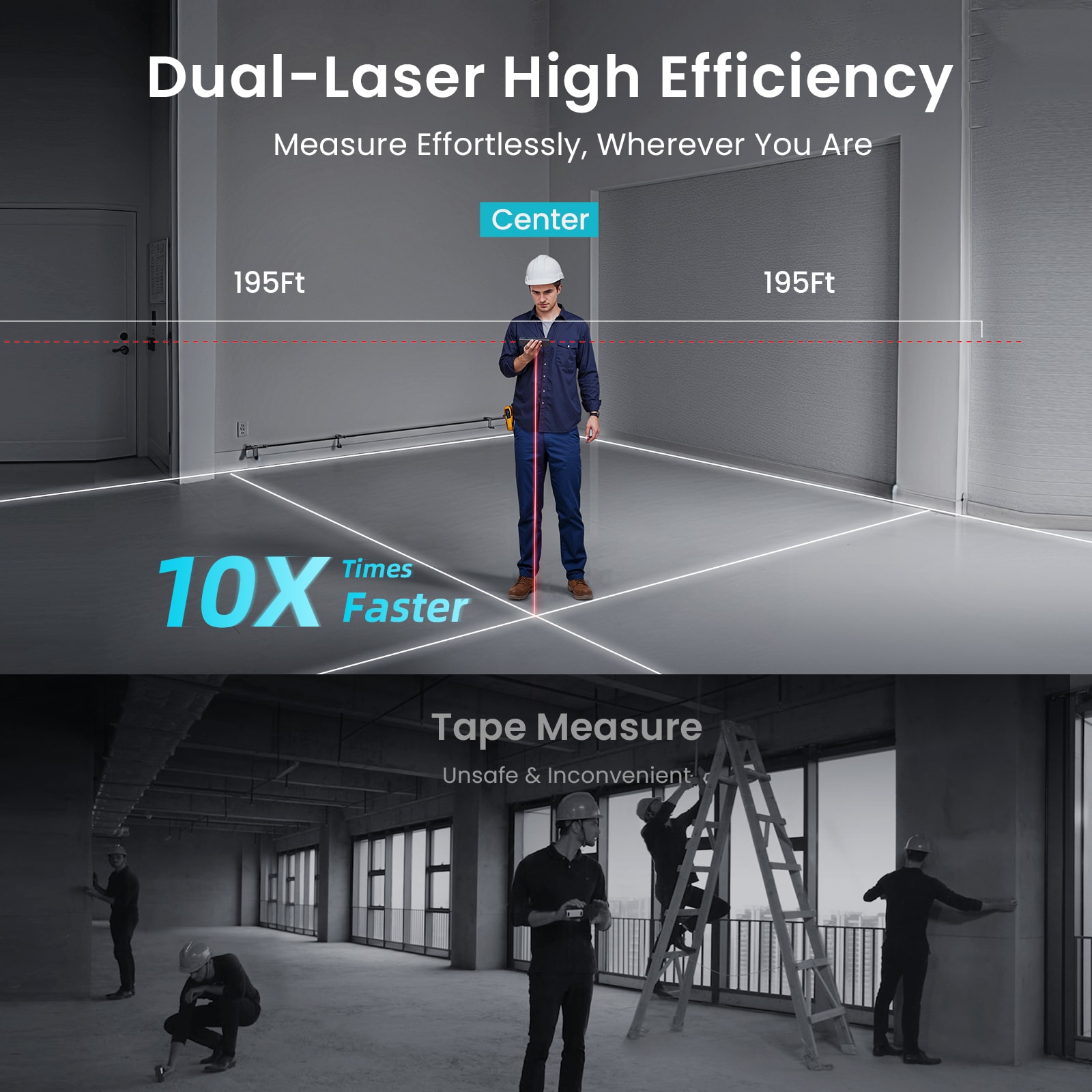 Medidor de distancia láser MILESEEY DP20 PRO 2 vías con rayo central, sincronización de app en tiempo real, alcance de 390 pies para interiores/exteriores, pantalla retroiluminada y compatibilidad con Bluetooth DP20.