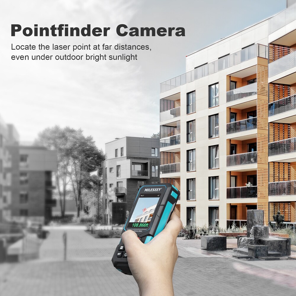 Medidor de distancia láser rojo S20(S7) de MILESEEY con localizador digital, sensor de inclinación, conectividad de aplicaciones, pantalla retroiluminada y compatibilidad con Bluetooth para uso en interiores y exteriores hasta 330 pies.