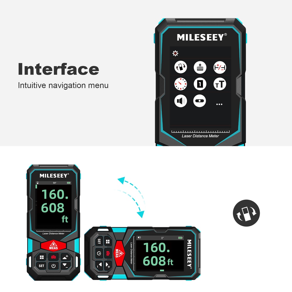 Medidor de distancia láser rojo S20(S7) de MILESEEY con localizador digital, sensor de inclinación, conectividad de aplicaciones, pantalla retroiluminada y compatibilidad con Bluetooth para uso en interiores y exteriores hasta 330 pies.