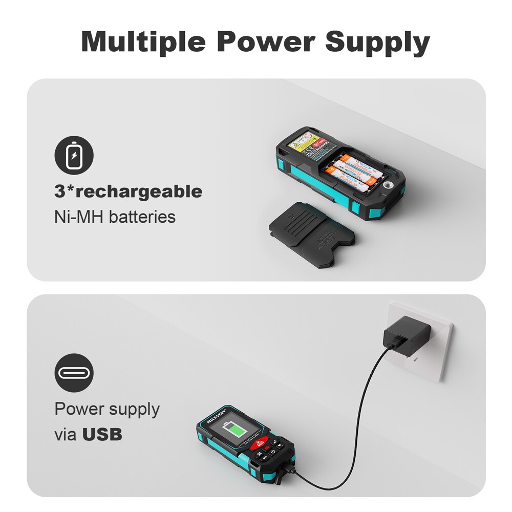Medidor de distancia láser rojo S20(S7) de MILESEEY con localizador digital, sensor de inclinación, conectividad de aplicaciones, pantalla retroiluminada y compatibilidad con Bluetooth para uso en interiores y exteriores hasta 330 pies.