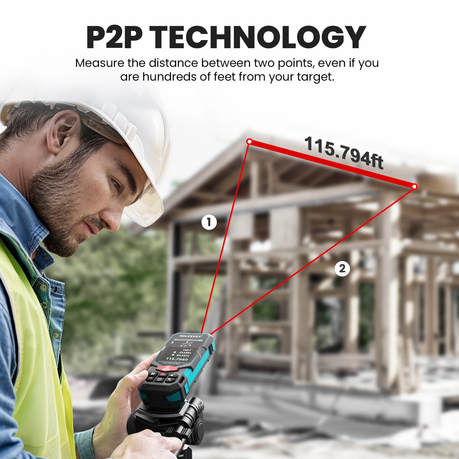 Medidor de distancia láser rojo S20(S7) de MILESEEY con localizador digital, sensor de inclinación, conectividad de aplicaciones, pantalla retroiluminada y compatibilidad con Bluetooth para uso en interiores y exteriores hasta 330 pies.