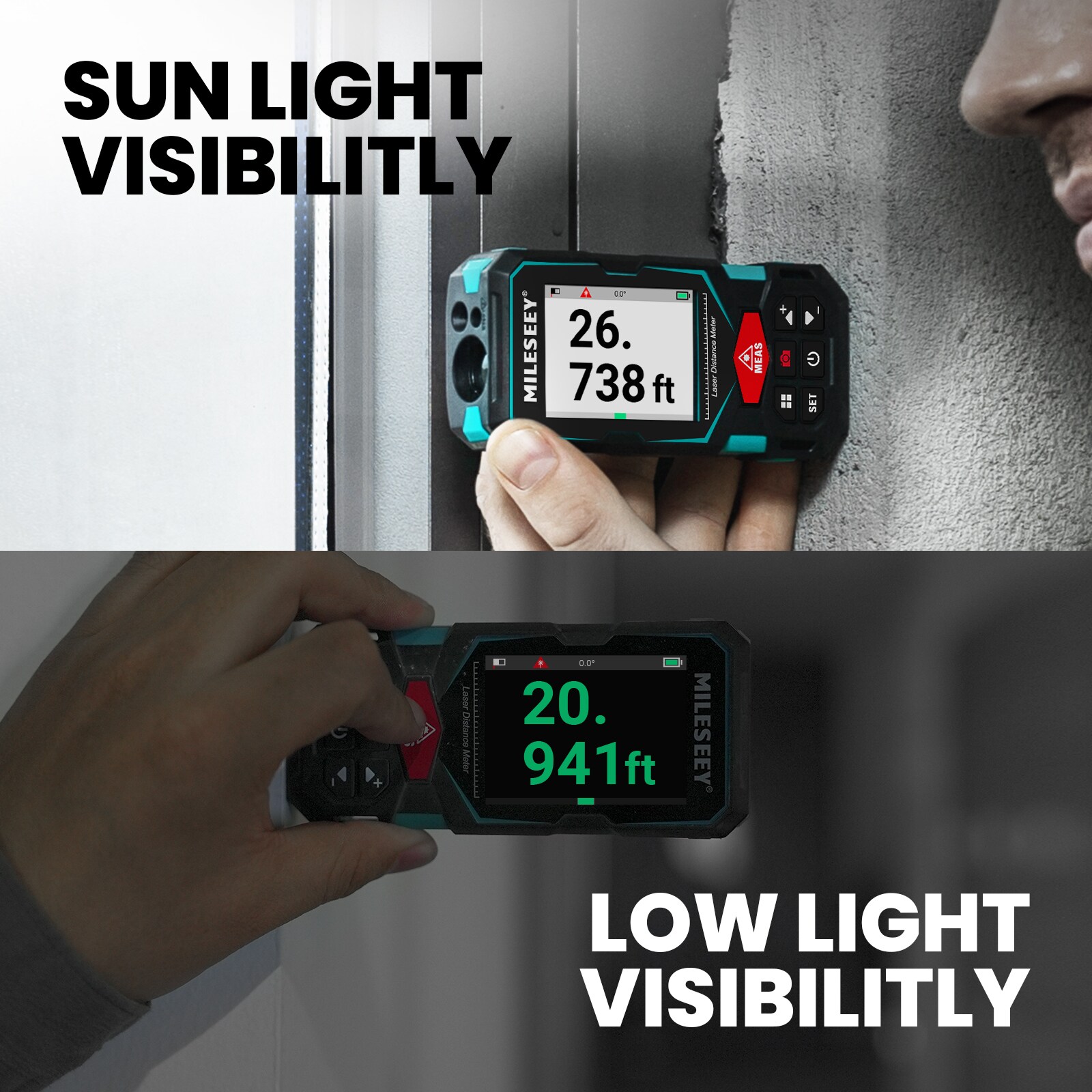 Medidor de distancia láser rojo S20(S7) de MILESEEY con localizador digital, sensor de inclinación, conectividad de aplicaciones, pantalla retroiluminada y compatibilidad con Bluetooth para uso en interiores y exteriores hasta 330 pies.