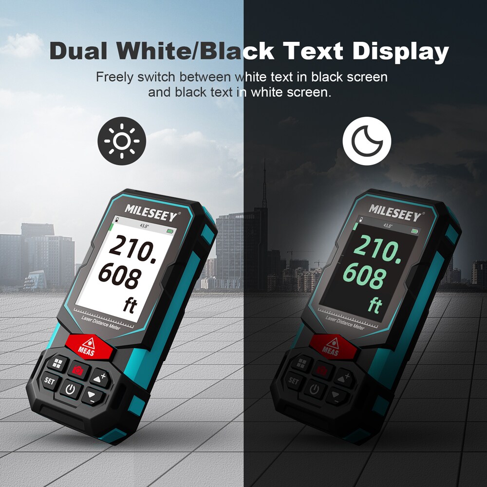 Medidor de distancia láser rojo S20(S7) de MILESEEY con localizador digital, sensor de inclinación, conectividad de aplicaciones, pantalla retroiluminada y compatibilidad con Bluetooth para uso en interiores y exteriores hasta 330 pies.