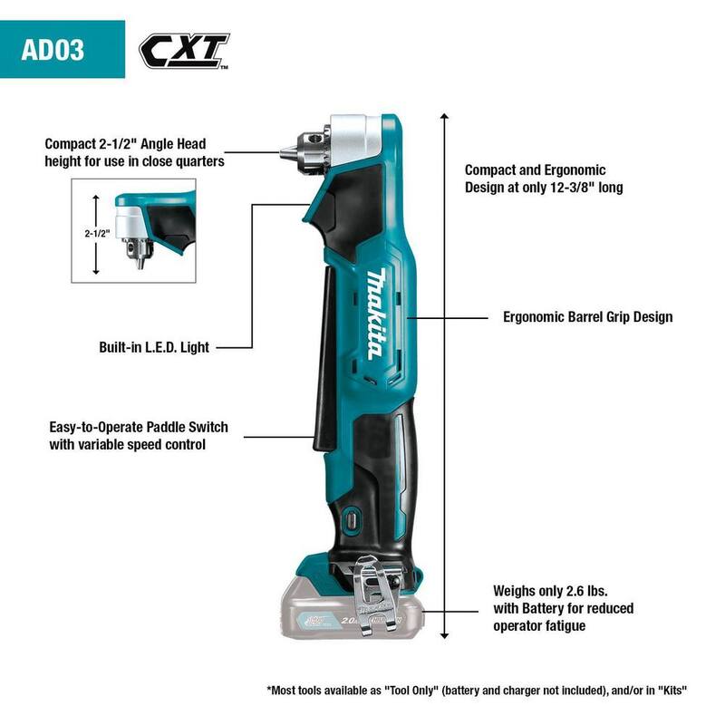 Makita 12V max CXT Kit de Taladro Inalámbrico de Ángulo Recto de 3/8 pulg. con batería de Ion de Litio (2.0 Ah) - AD03R1