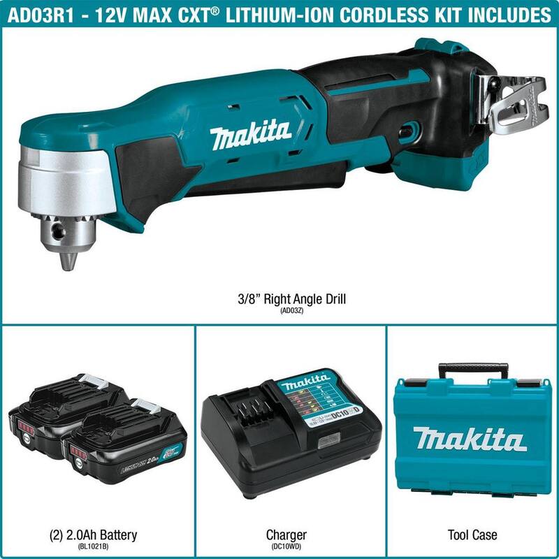 Makita 12V max CXT Kit de Taladro Inalámbrico de Ángulo Recto de 3/8 pulg. con batería de Ion de Litio (2.0 Ah) - AD03R1