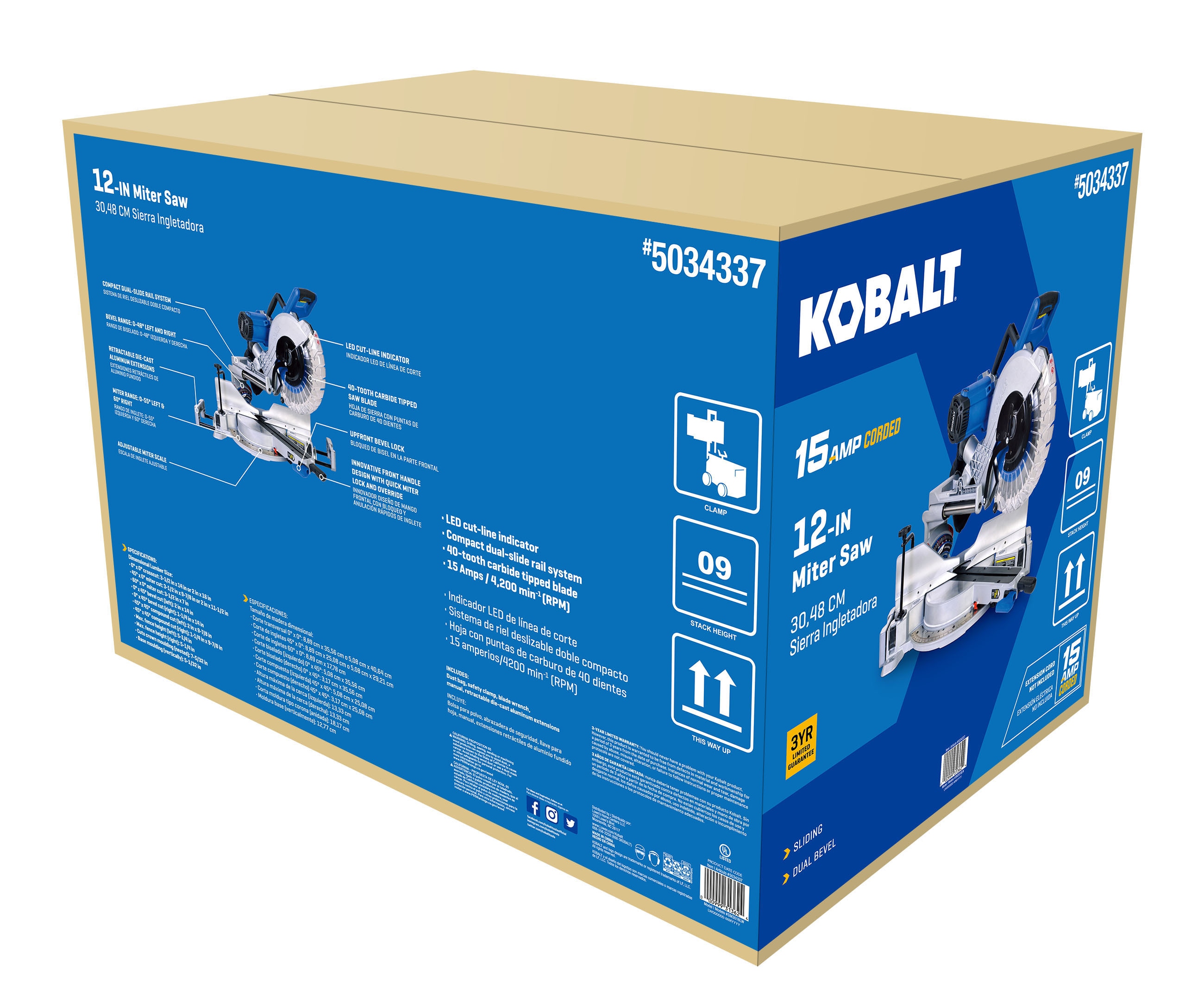 Sierra ingletadora compuesta deslizante de doble bisel compacta Kobalt Compact 12-in de 15 amperios SM3018LW