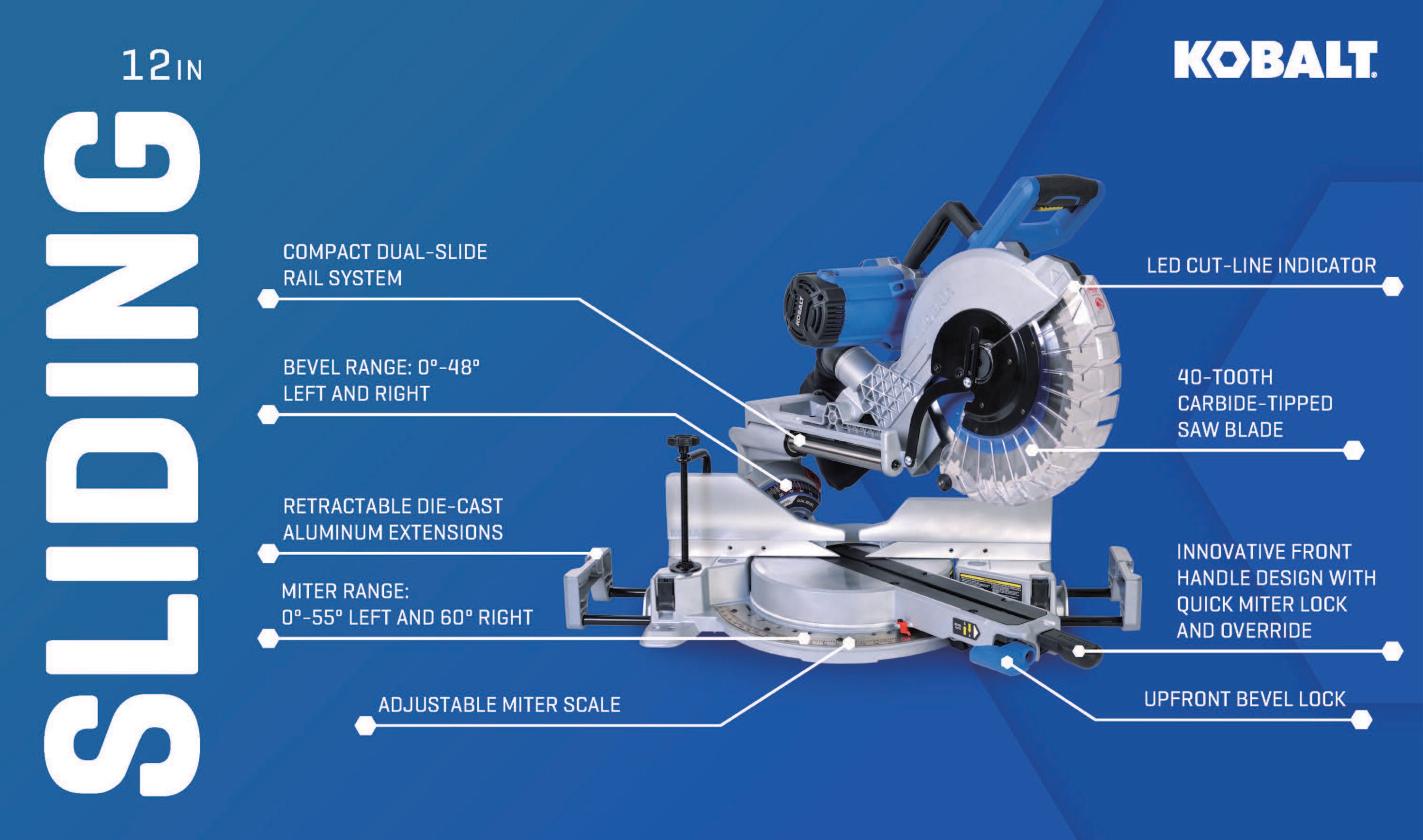 Sierra ingletadora compuesta deslizante de doble bisel compacta Kobalt Compact 12-in de 15 amperios SM3018LW
