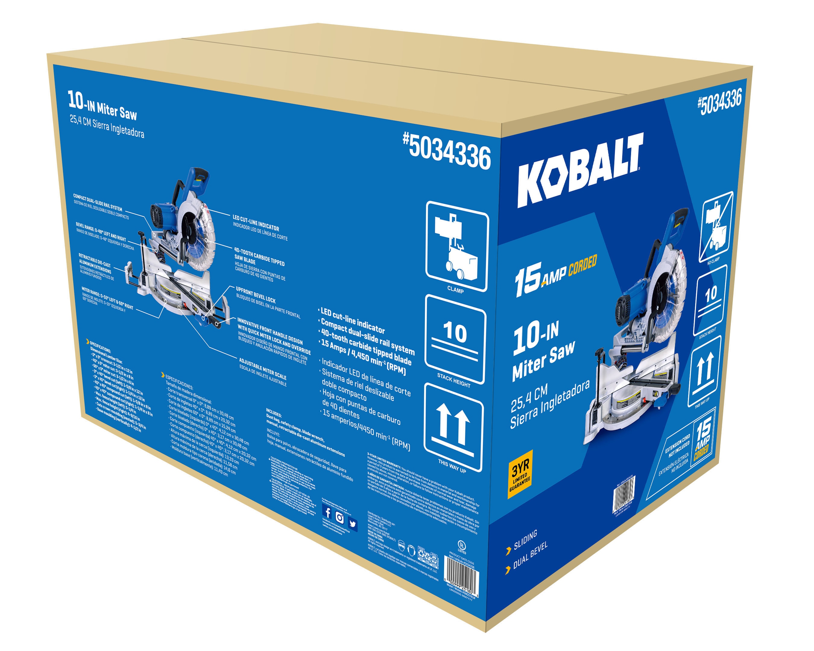 Sierra ingletadora compuesta deslizante de 10 pulgadas y doble bisel con cable de 15 amperios y diseño compacto Kobalt SM2518LW