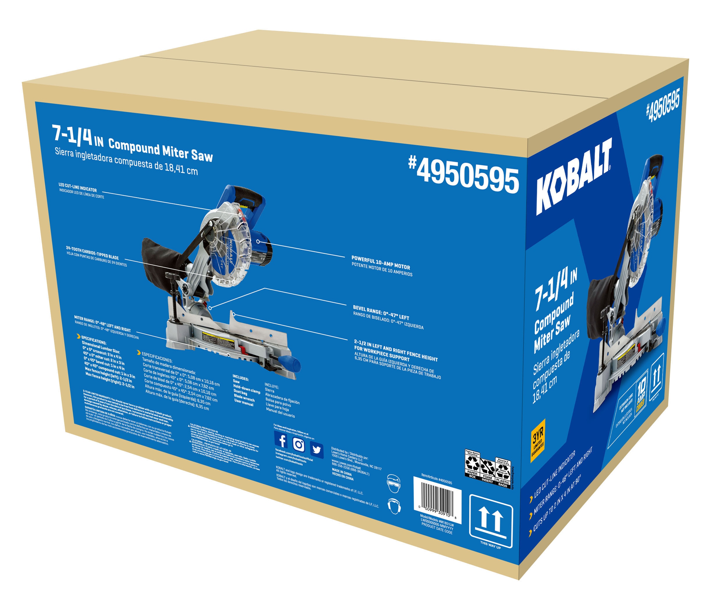 Sierra ingletadora compuesta de un solo bisel con cable Kobalt 7-1/4 pulgadas y 10 amperios M1851LW
