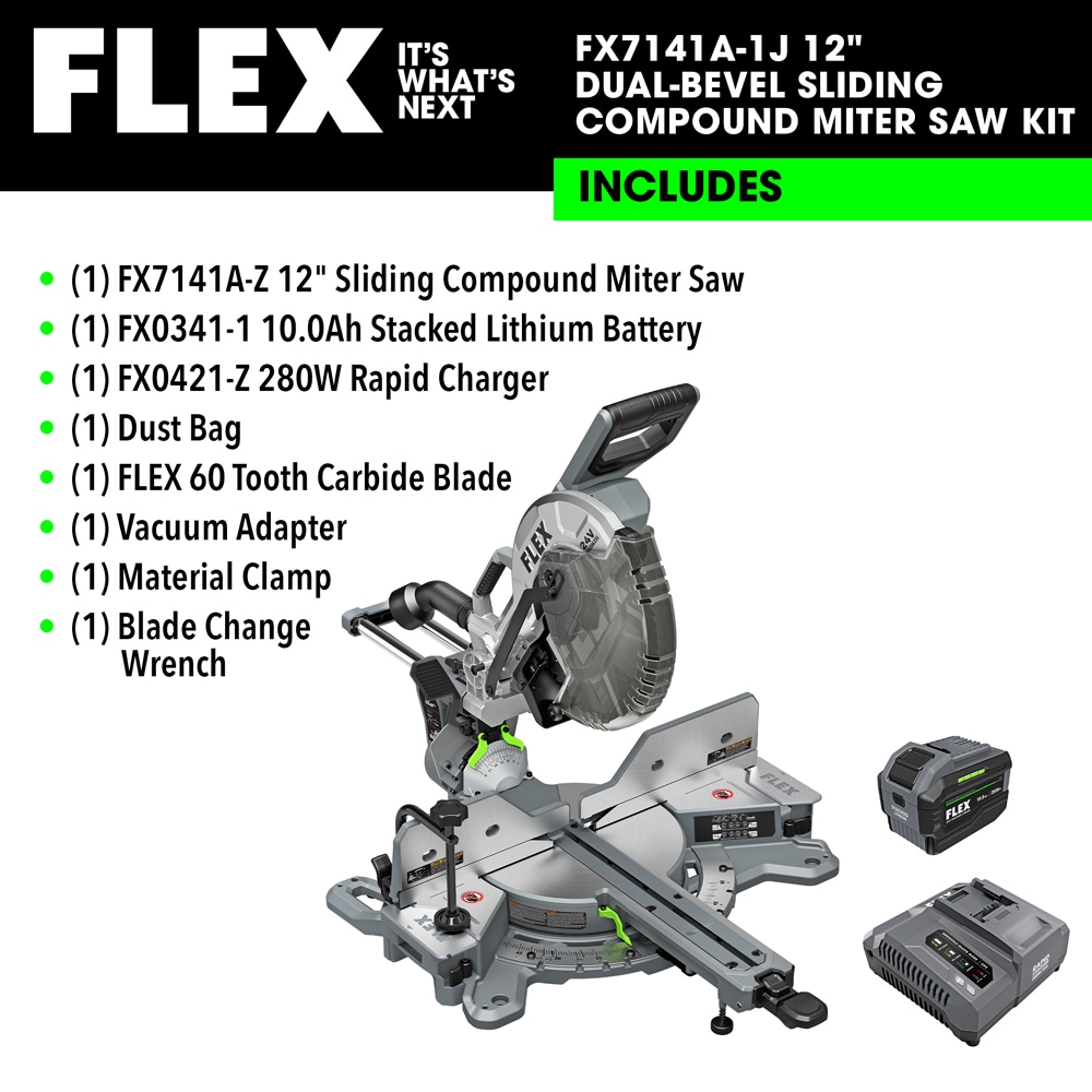 Sierra ingletadora compuesta híbrida de doble bisel deslizante de 12 pulgadas y 24 voltios con batería incluida "FLEX STACKED LITHIUM" FX7141A-1J