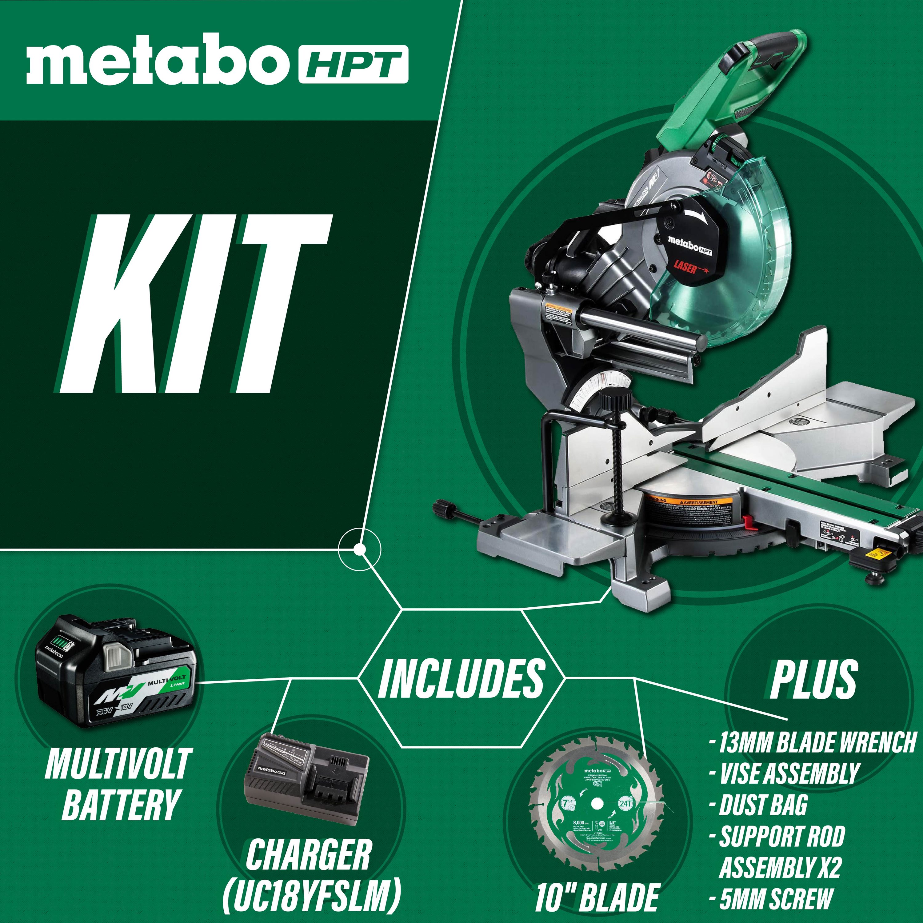 Sierra ingletadora compuesta deslizante híbrida de doble bisel de 36 voltios con guía láser (batería incluida) MultiVolt Metabo HPT 10 pulgadas C3610DRAQAM.
