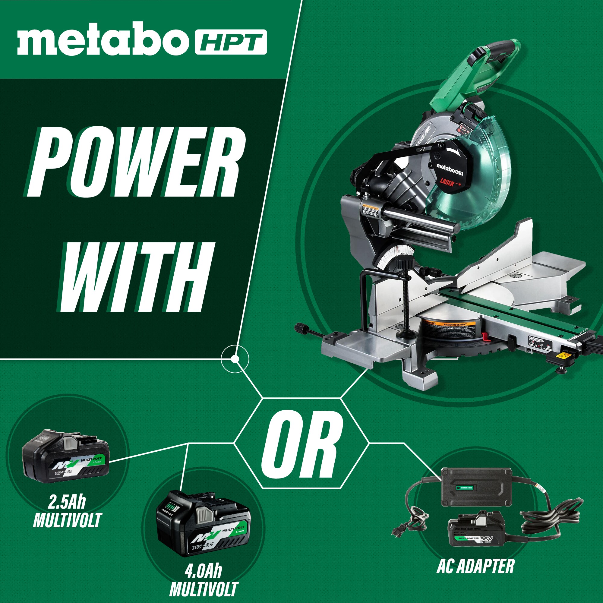 Sierra ingletadora compuesta deslizante híbrida de doble bisel de 36 voltios con guía láser (batería incluida) MultiVolt Metabo HPT 10 pulgadas C3610DRAQAM.