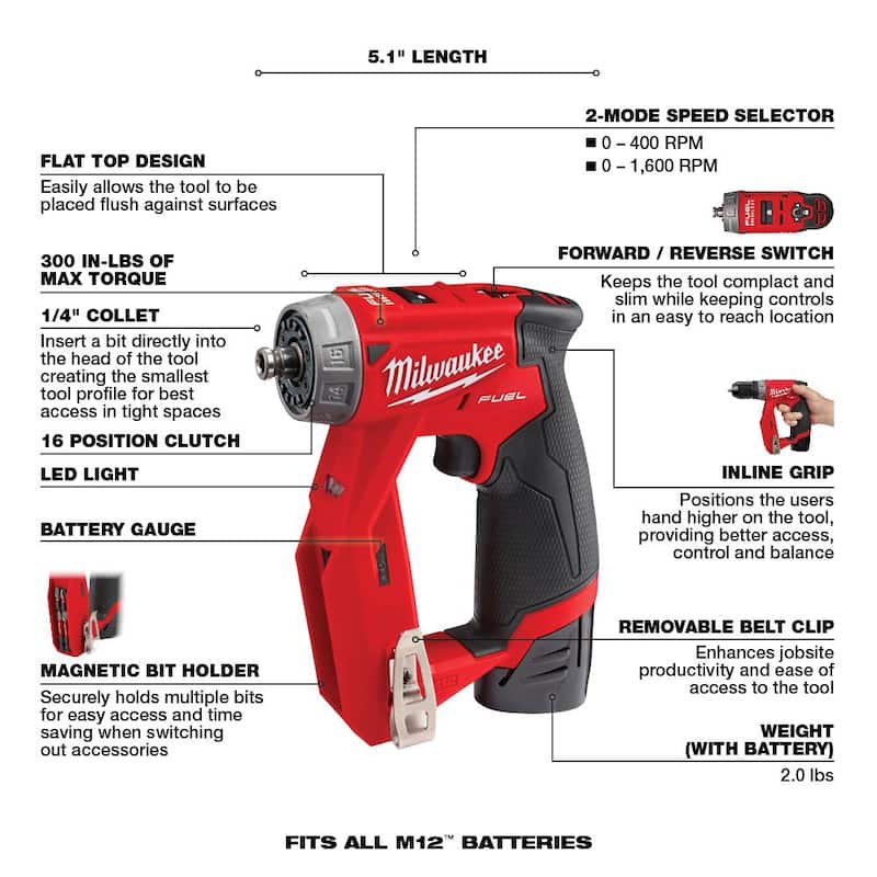 Milwaukee M12 FUEL 12V Lithium-Ion Inalámbrico Sin Escobillas 4 en 1 Kit de Instalación de Controlador de 3/8 pulg. con Paquete de Batería de Alto Rendimiento CP de 2.5 Ah - 2505-22-48-11-2425