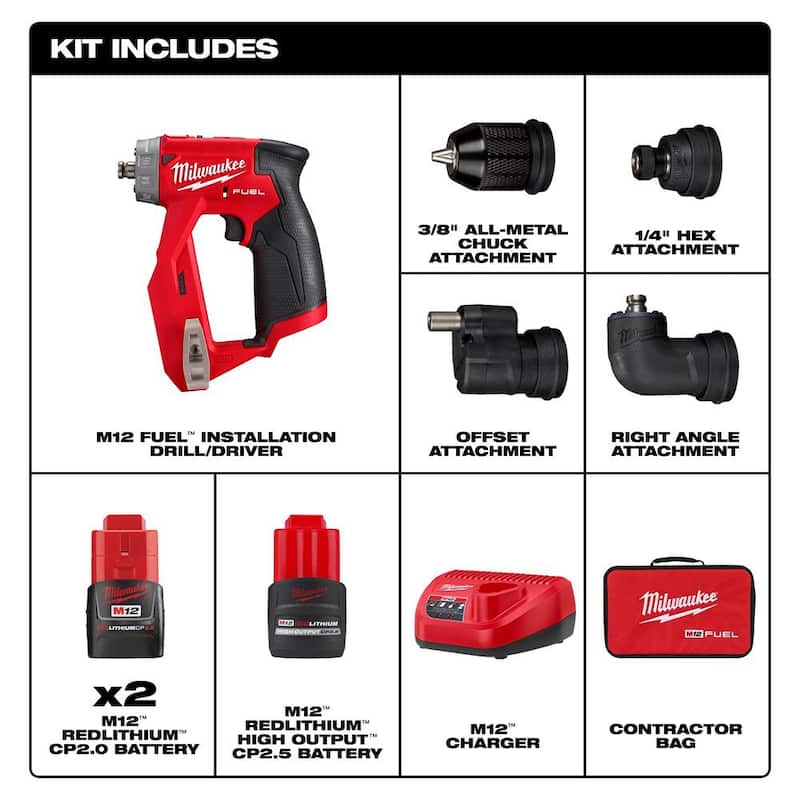 Milwaukee M12 FUEL 12V Lithium-Ion Inalámbrico Sin Escobillas 4 en 1 Kit de Instalación de Controlador de 3/8 pulg. con Paquete de Batería de Alto Rendimiento CP de 2.5 Ah - 2505-22-48-11-2425
