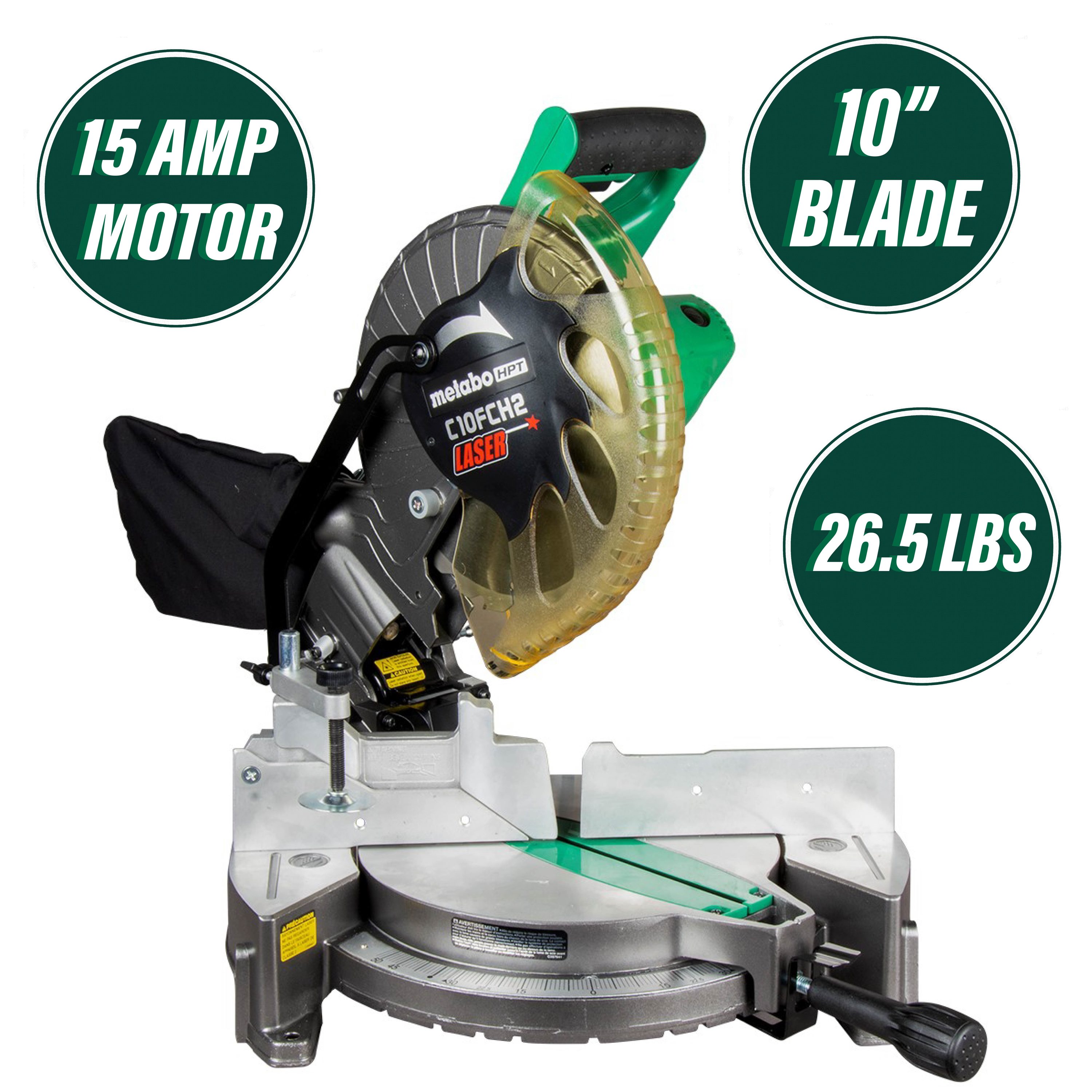 Sierra ingletadora compuesta con guía láser Metabo HPT de 10 pulgadas y 15 amperios de una sola biseladora con cable C10FCH2SM