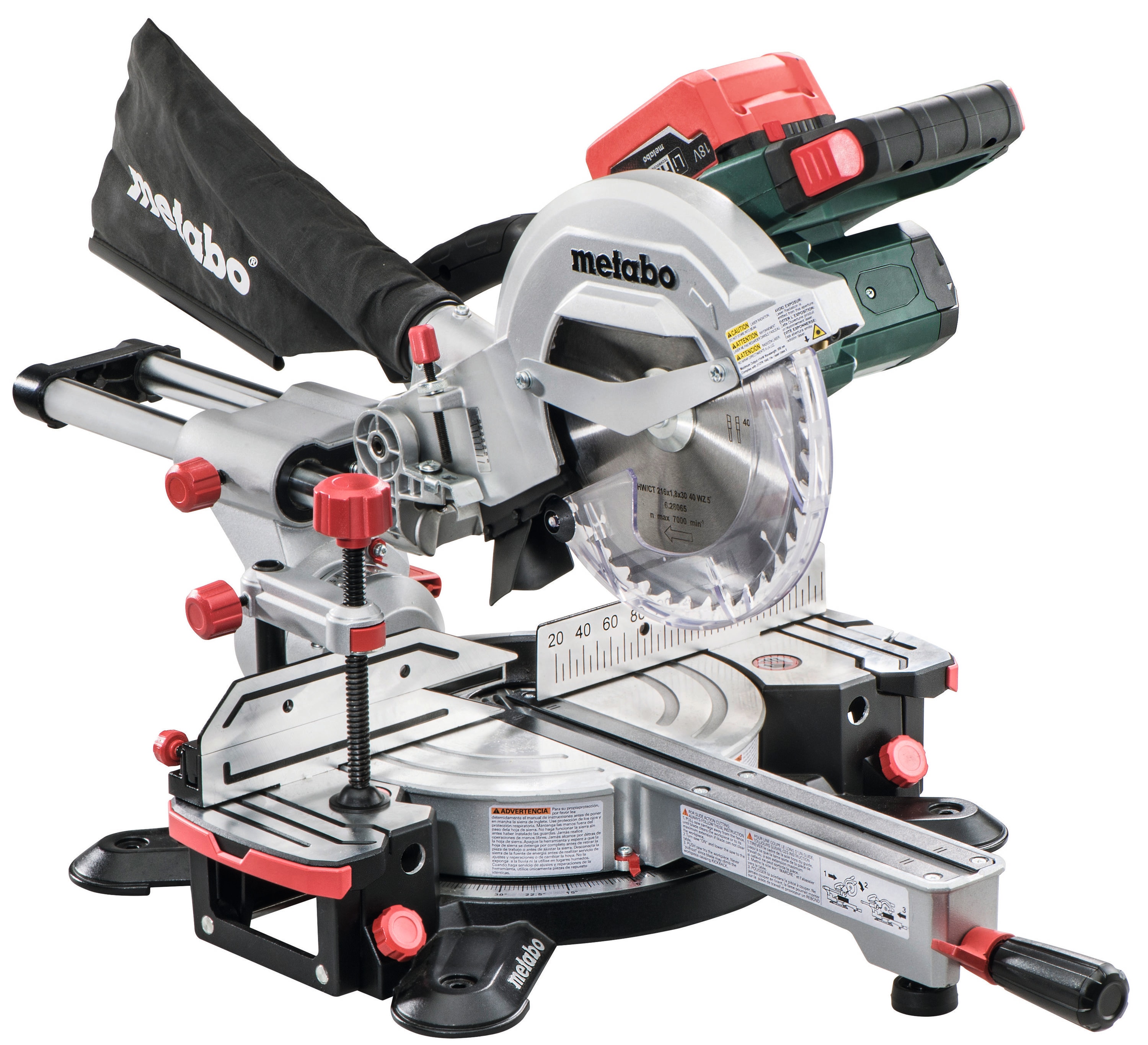 Sierra ingletadora compuesta deslizante de 6,2 mm de una sola bisel sin cable Metabo KGS18 LTX 216 6.2AH de 8-1/2" con guía láser