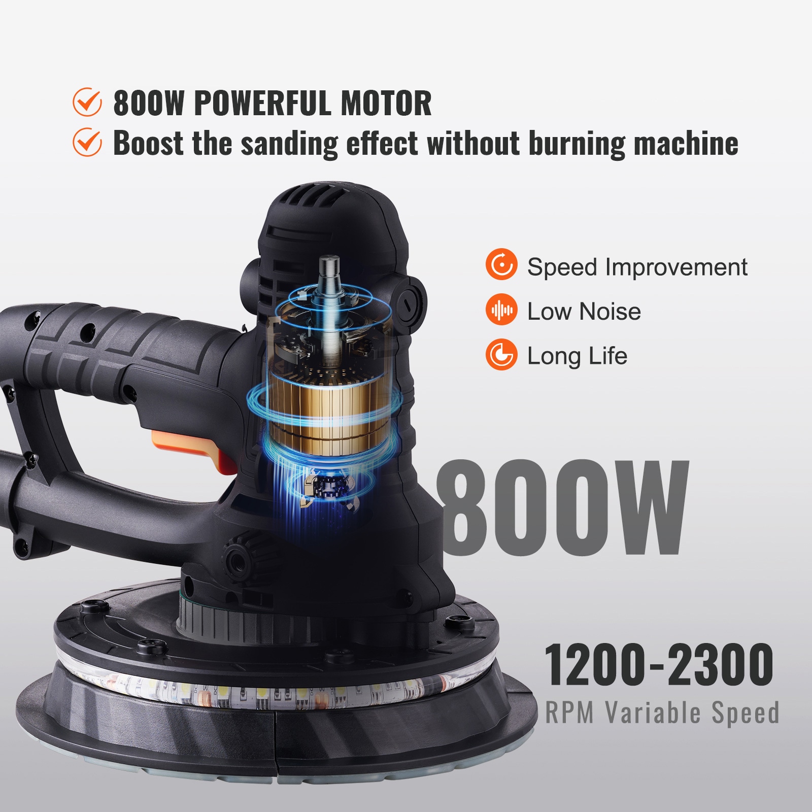 Lijadora de yeso VEVOR 800W con 12 discos de lijado, 120 voltios, 6.5 amperios, velocidad variable y sistema de control de polvo