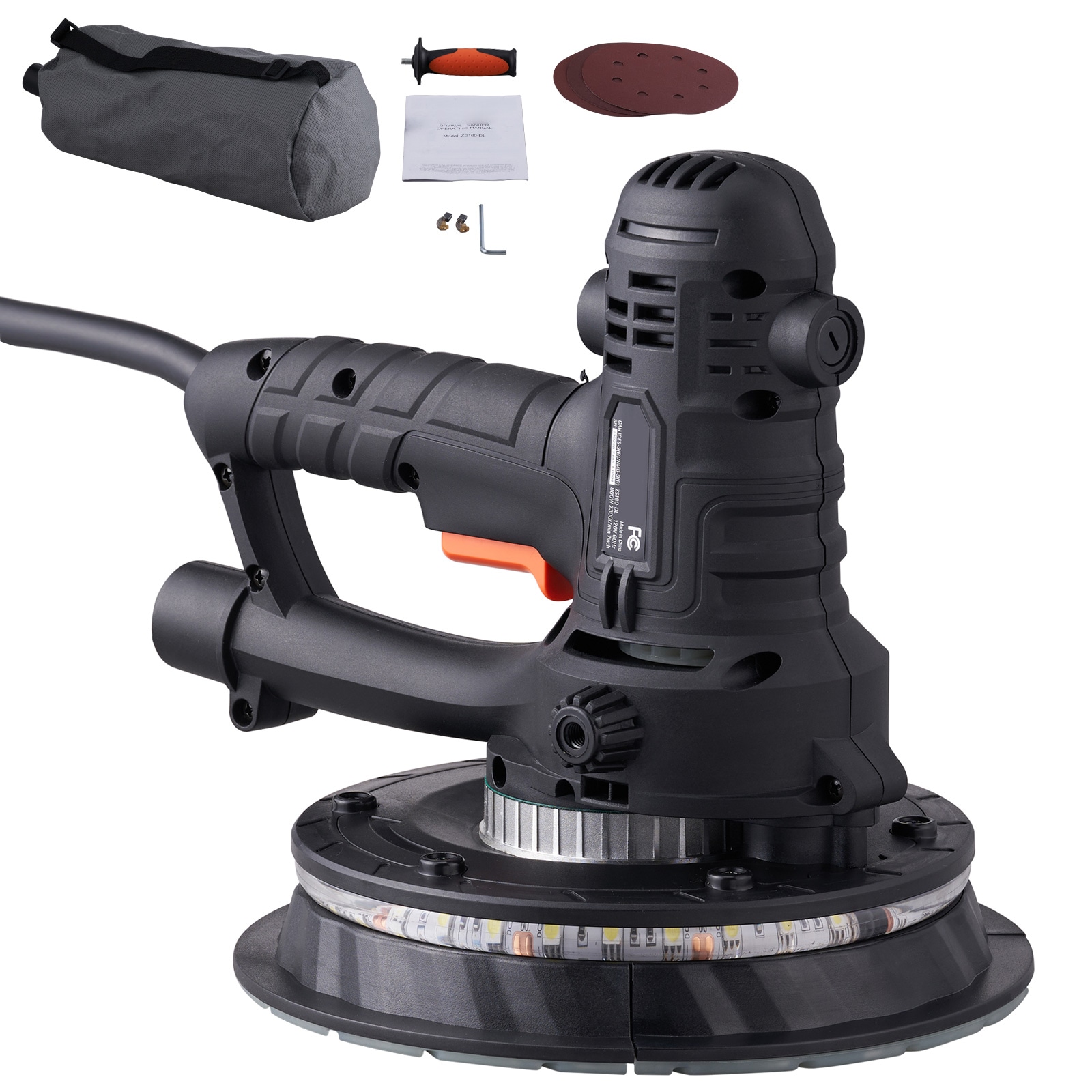 Lijadora de yeso VEVOR 800W con 12 discos de lijado, 120 voltios, 6.5 amperios, velocidad variable y sistema de control de polvo