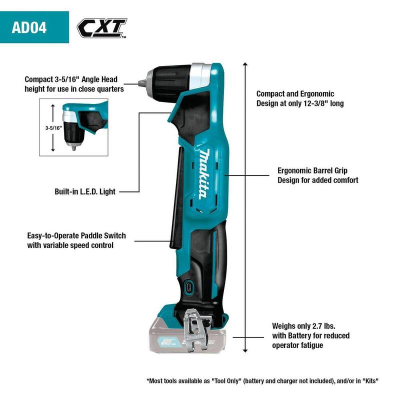 Makita 12V max CXT Kit de Taladro Angular Recto Inalámbrico de Ion de Litio de 3/8 pulg. (2.0 Ah) - AD04R1