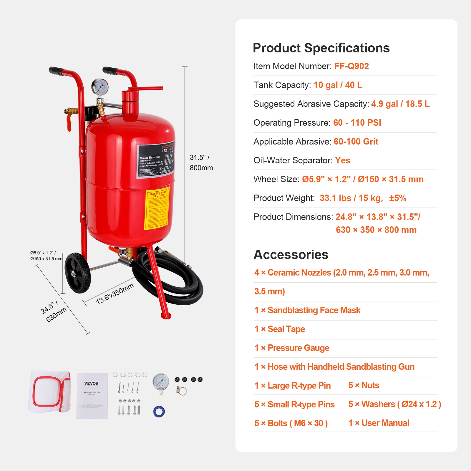 Chorro de arena VEVOR 10Gal/40L 25-CFM 40LPSJ00000000001V0