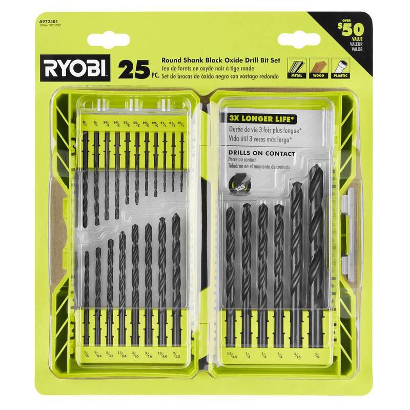RYOBI ONE+ HP Taladro angular recto compacto sin escobillas inalámbrico de 18V de 3/8 pulgadas (Herramienta solamente) con juego de brocas de óxido negro de 25 piezas - PSBRA02B-A972501