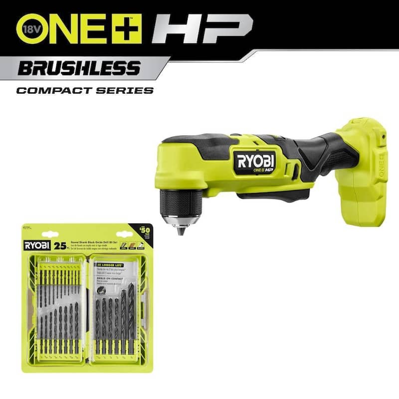 RYOBI ONE+ HP Taladro angular recto compacto sin escobillas inalámbrico de 18V de 3/8 pulgadas (Herramienta solamente) con juego de brocas de óxido negro de 25 piezas - PSBRA02B-A972501